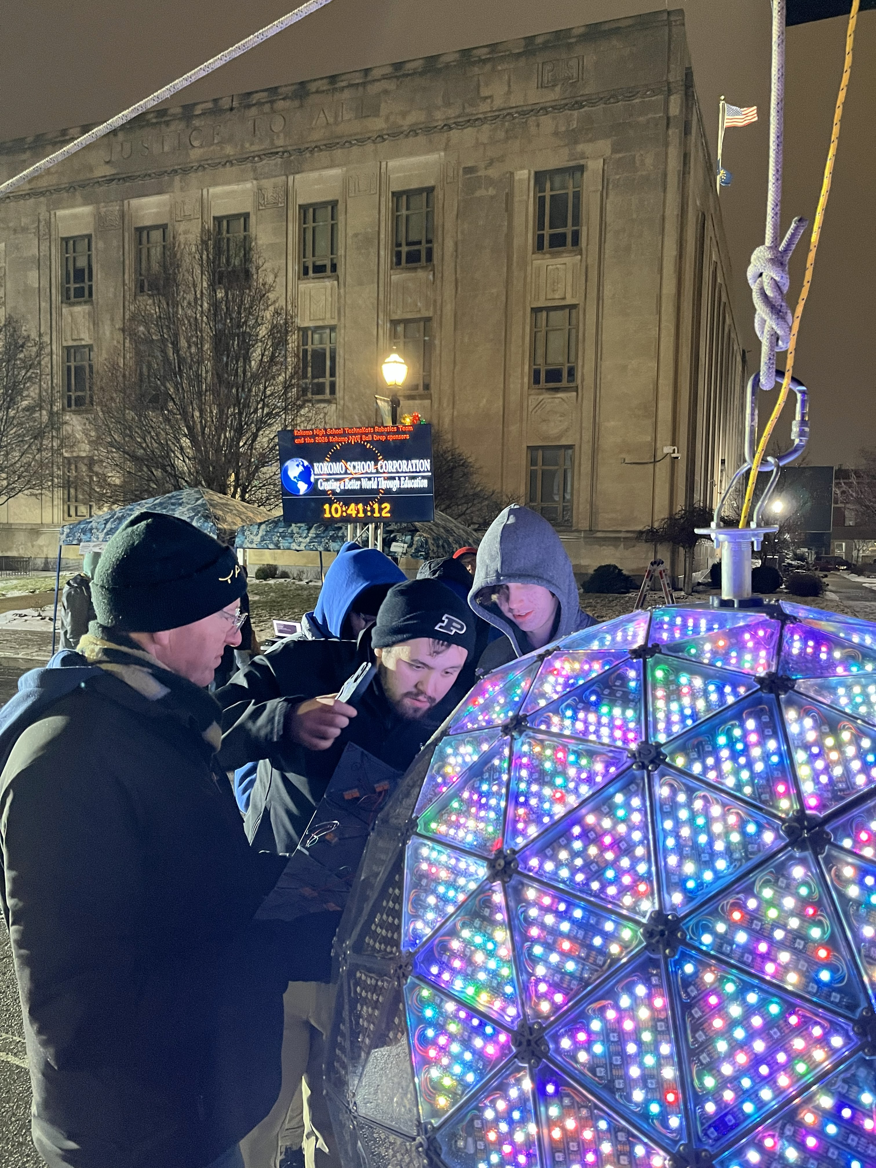 The TechnoKats New Year's Eve Ball being prepared downtown